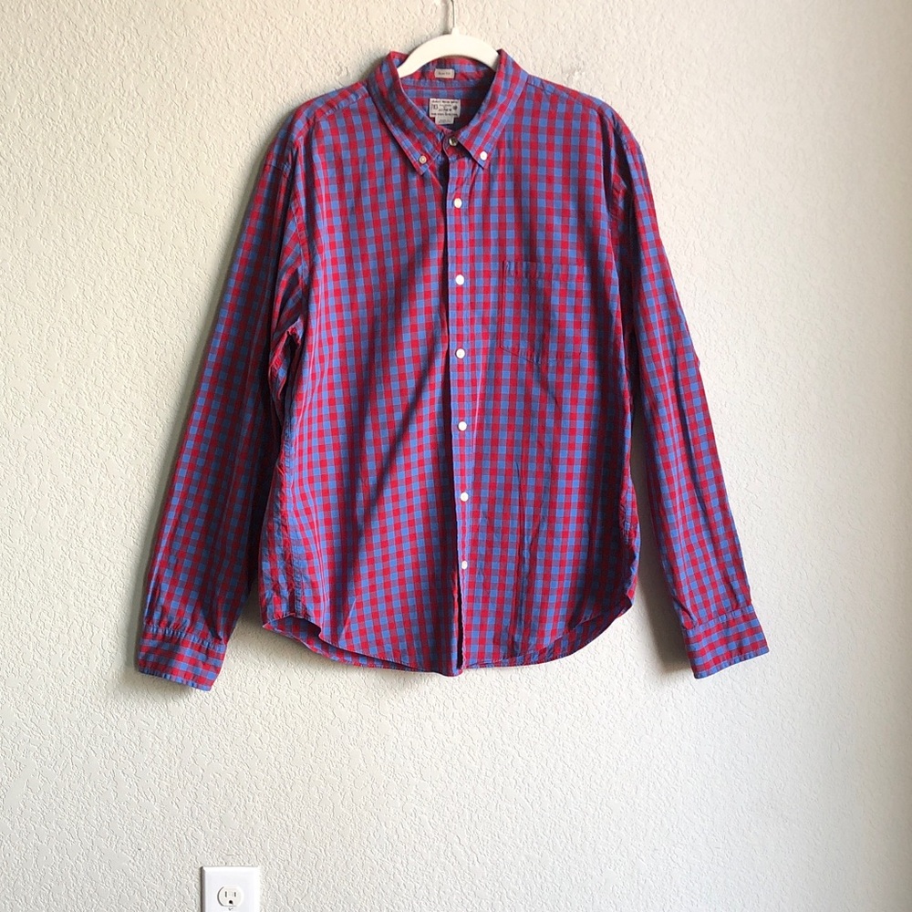 J Crew Mens Long Sleeve Cotton Button Down Shirt Red Blue Plaid XL